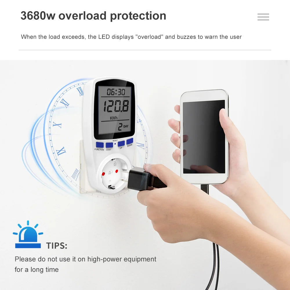 AC Wattmeter Socket Power Meter LCD Energy Measuring Outlet EU Plug
