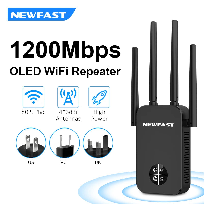 WiFi5 1200Mbps Repeater Dual Band Extender OLED Display Long Range