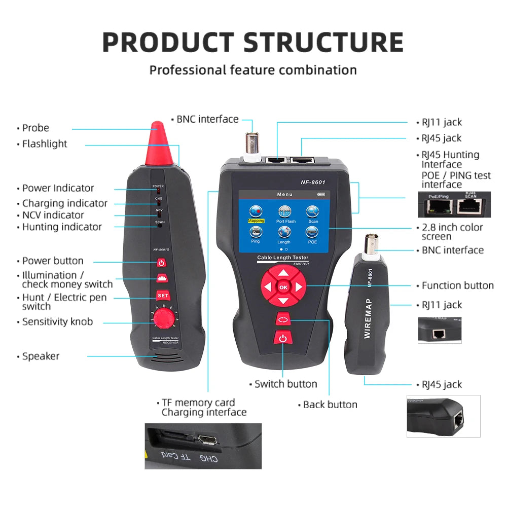 NOYAFA NF-8601W Multifunction Network Cable Tester RJ45 RJ11 BNC PoE