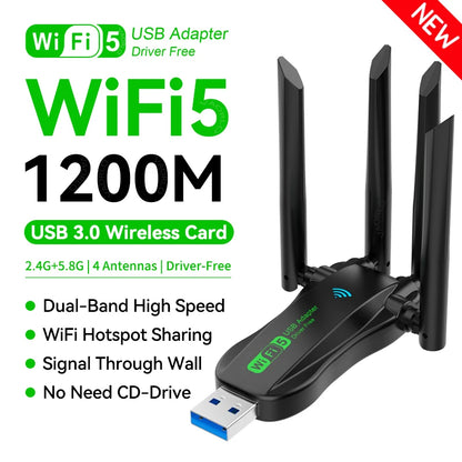 1200Mbps Dual Band USB WiFi Adapter Wireless Card with 4 Antennas for PC Laptop