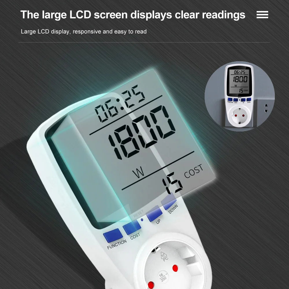 AC Wattmeter Socket Power Meter LCD Energy Measuring Outlet EU Plug