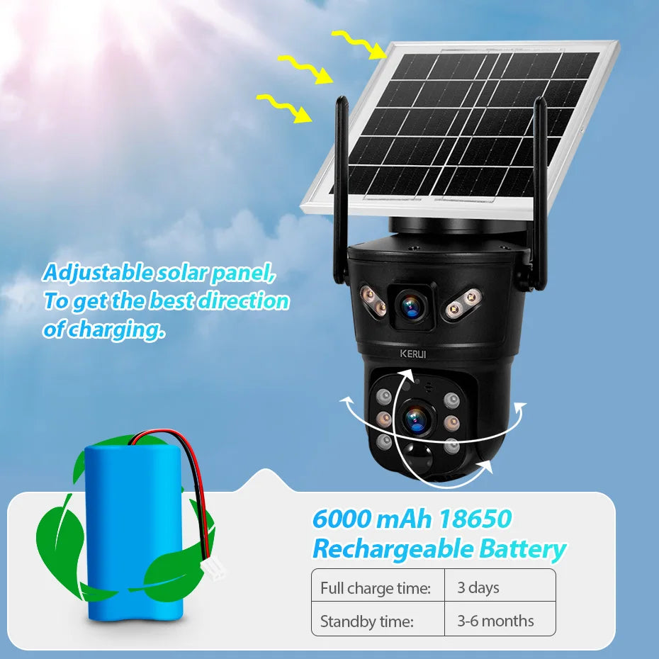 KERUI Outdoor 6MP Solar Camera 4G SIM WIFI Solar Panel Dual Lens Camera Waterproof Home Security CCTV Video Surveillance V380pro - Home Smart Direct