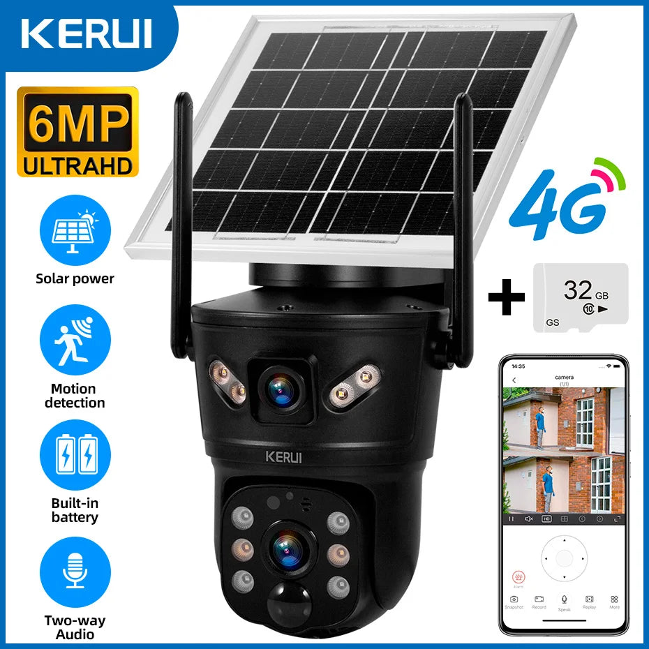 KERUI Outdoor 6MP Solar Camera 4G SIM WIFI Solar Panel Dual Lens Camera Waterproof Home Security CCTV Video Surveillance V380pro - Home Smart Direct