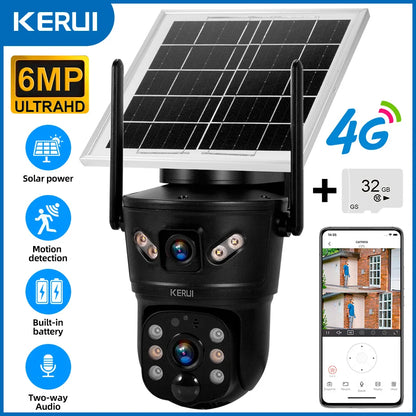 KERUI Outdoor 6MP Solar Camera 4G SIM WIFI Solar Panel Dual Lens Camera Waterproof Home Security CCTV Video Surveillance V380pro - Home Smart Direct