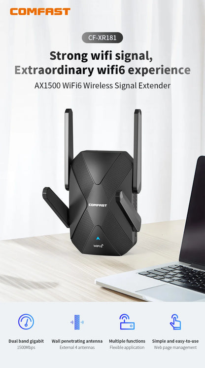 AX1500 WiFi6 Repeater Long Range Extender with Four Antennas