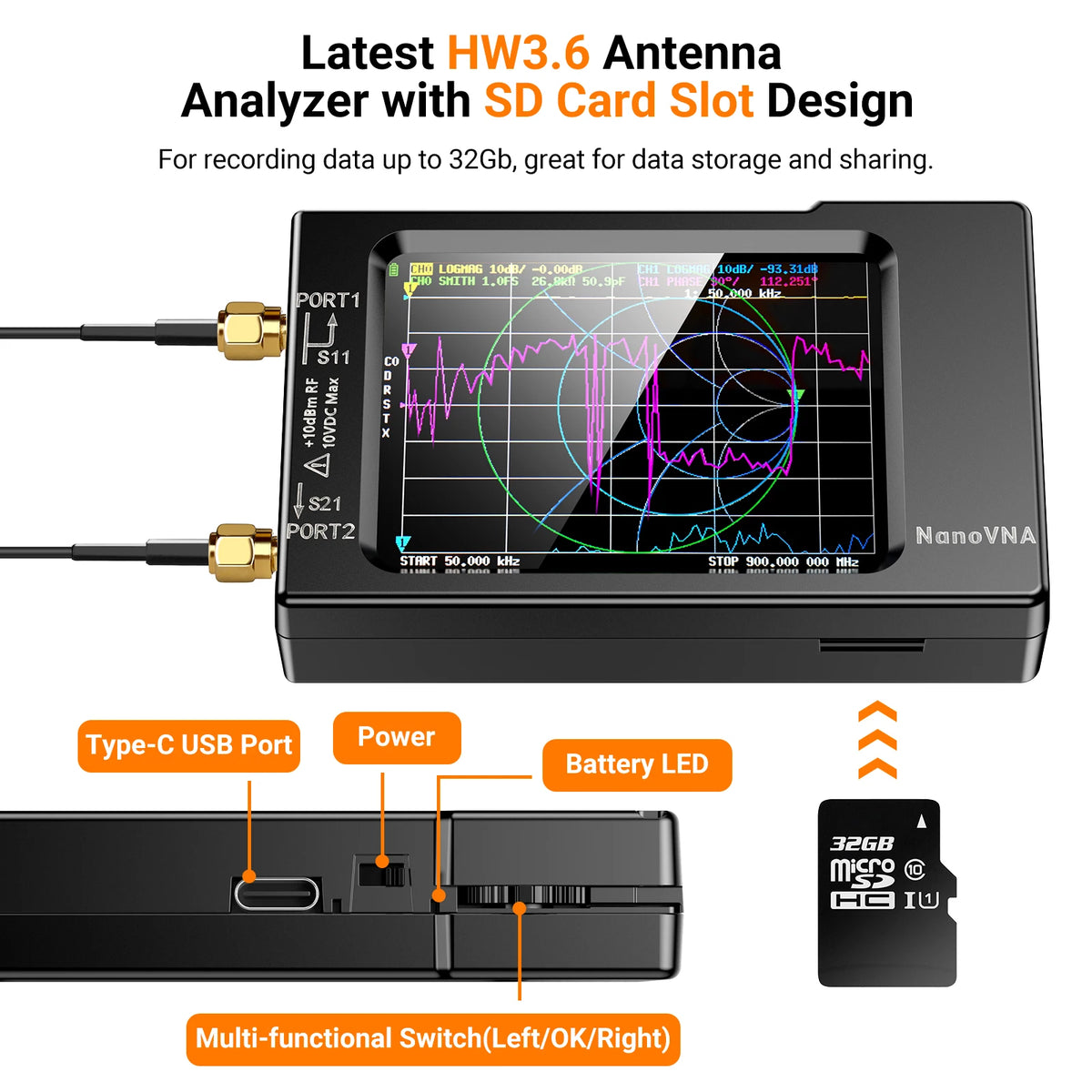 NanoVNA-H Vector Network Antenna Analyzer 10kHz to 1.5GHz with SD Card