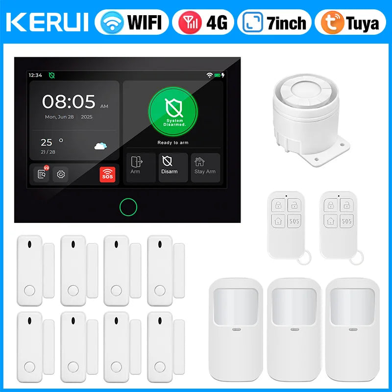 KERUI NEW 4G+WiFi Wireless Home Alarm with 7 inch Large IPS Touch Screen Tuya Smart Alarm System with Motion Sensor for House - Home Smart Direct