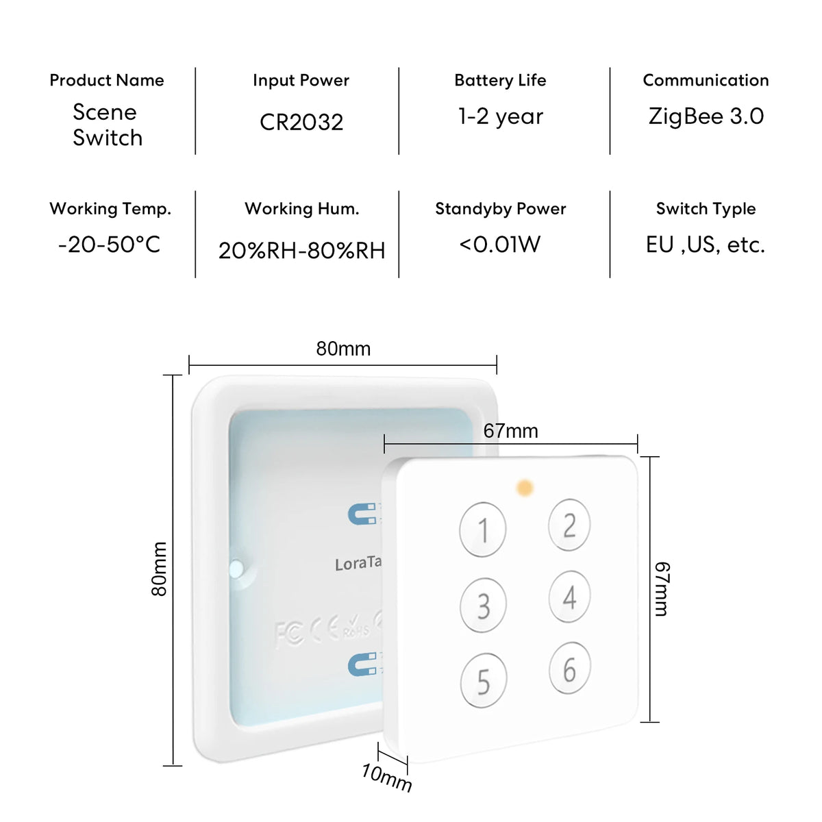 LoraTap ZigBee 3.0 Tuya Smart Life EU Standard 6 Button Gang Scene Magnetic Remote Control Switch Gateway Required ZigBee2MQTT - Home Smart Direct