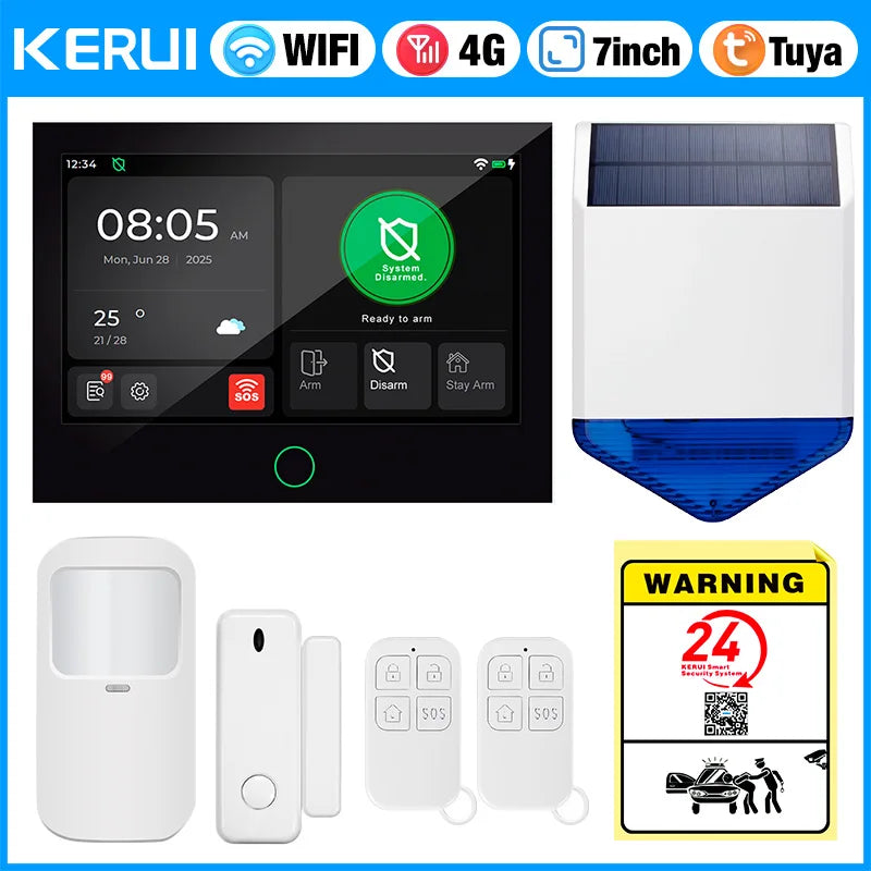 KERUI 4G+WiFi Burglary Protection Alarm System with 7 inch IPS Touch Screen Tuya Smart Home Alarm for House Apartment Security - Home Smart Direct