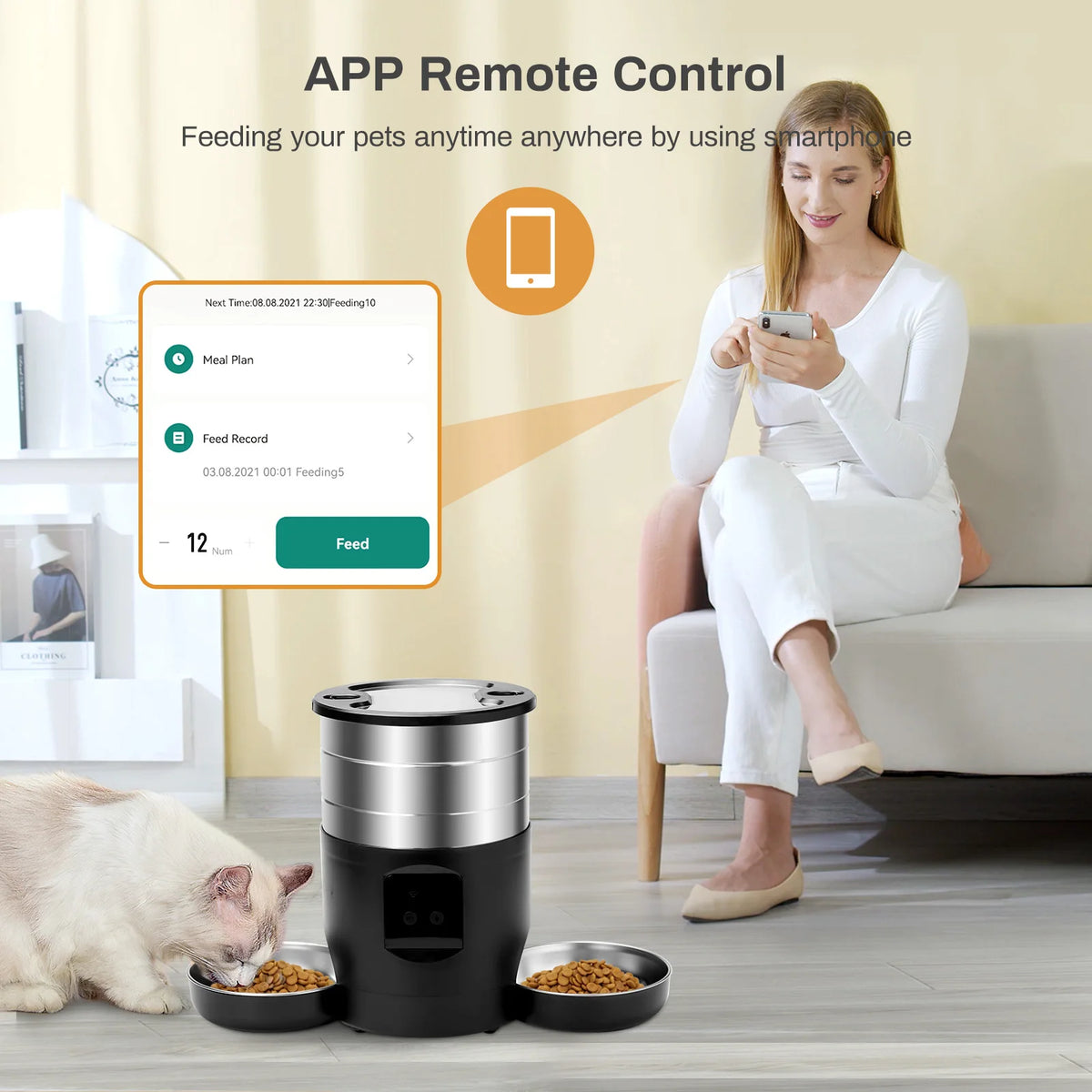 WiFi Automatic Cat Feeder with Dual Stainless Steel Bowls