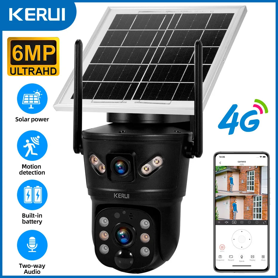 KERUI Outdoor 6MP Solar Camera 4G SIM WIFI Solar Panel Dual Lens Camera Waterproof Home Security CCTV Video Surveillance V380pro - Home Smart Direct