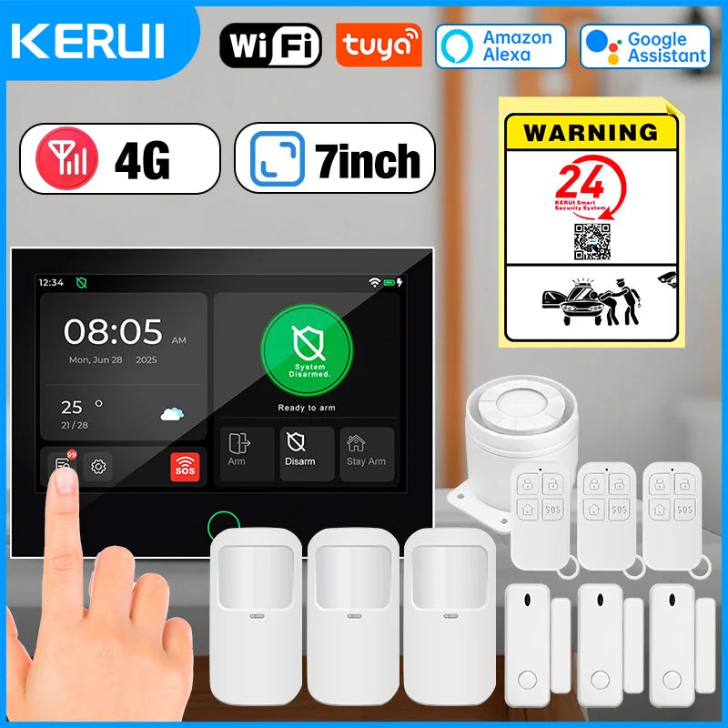 KERUI 4G+WiFi Burglary Protection Alarm System with 7 inch IPS Touch Screen Tuya Smart Home Alarm for House Apartment Security - Home Smart Direct