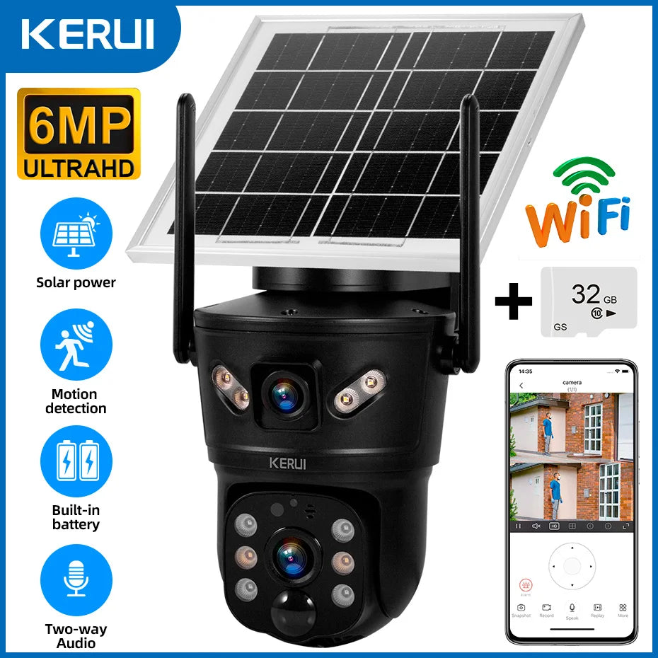 KERUI Outdoor 6MP Solar Camera 4G SIM WIFI Solar Panel Dual Lens Camera Waterproof Home Security CCTV Video Surveillance V380pro - Home Smart Direct