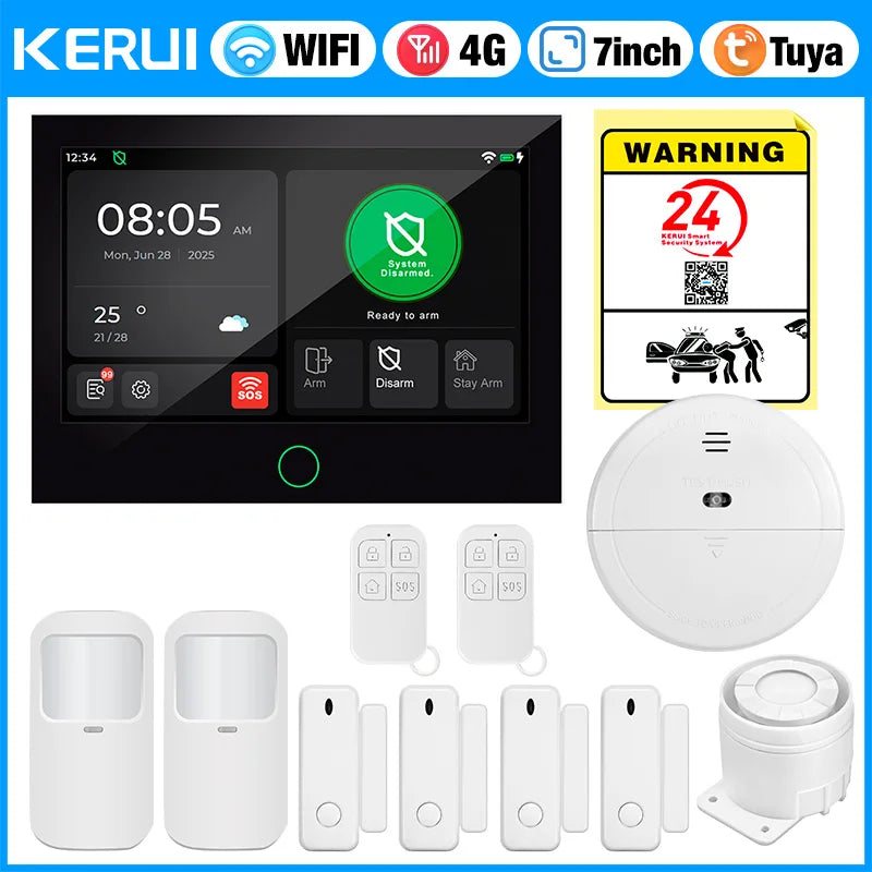 KERUI 4G/WiFi Home Alarm System with 7 Inch Touch Screen Tuya Smart Wireless Home Burglar Alarm with Motion Detector Door Sensor - Home Smart Direct